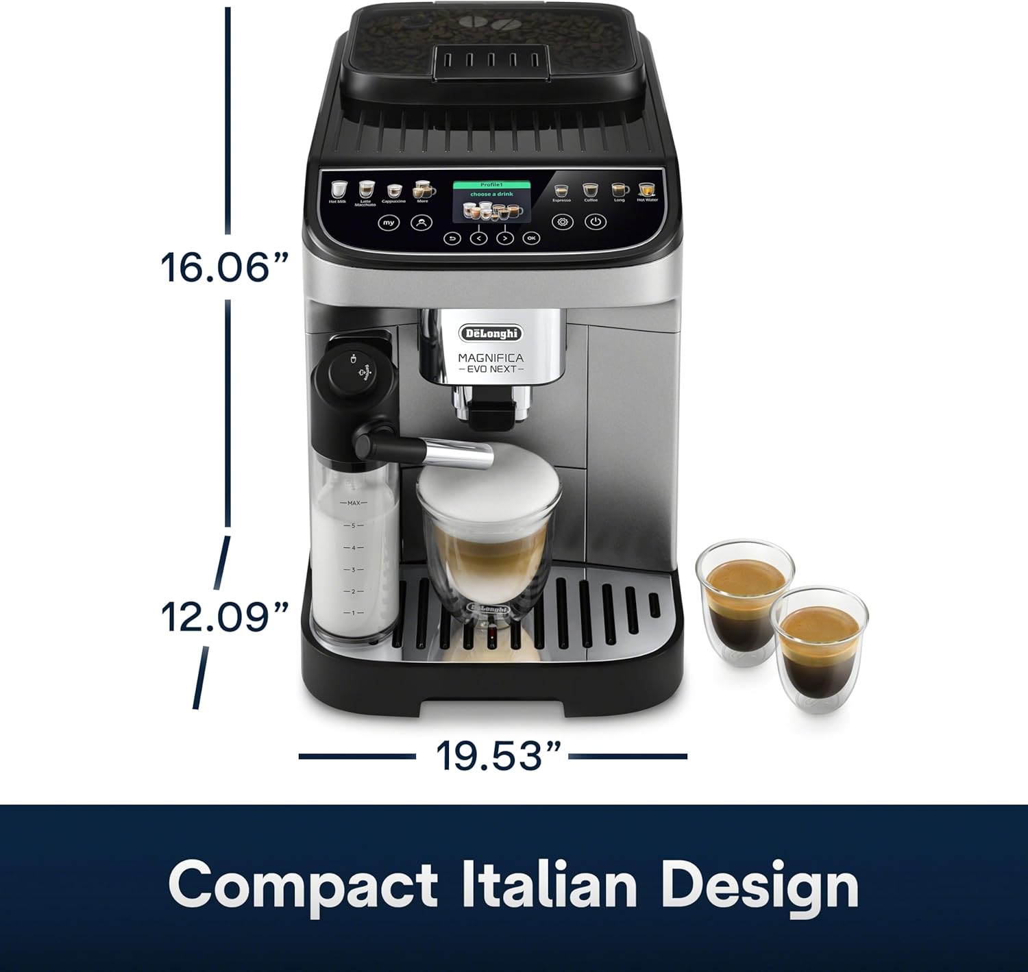 De'Longhi Magnifica Evo Next Fully Automatic Espresso Machine - Programmable Coffee Maker with Grinder and Milk Frother - Hot & Cold Brewer for Espresso, Latte, Cappuccino, Americano, Tea and More