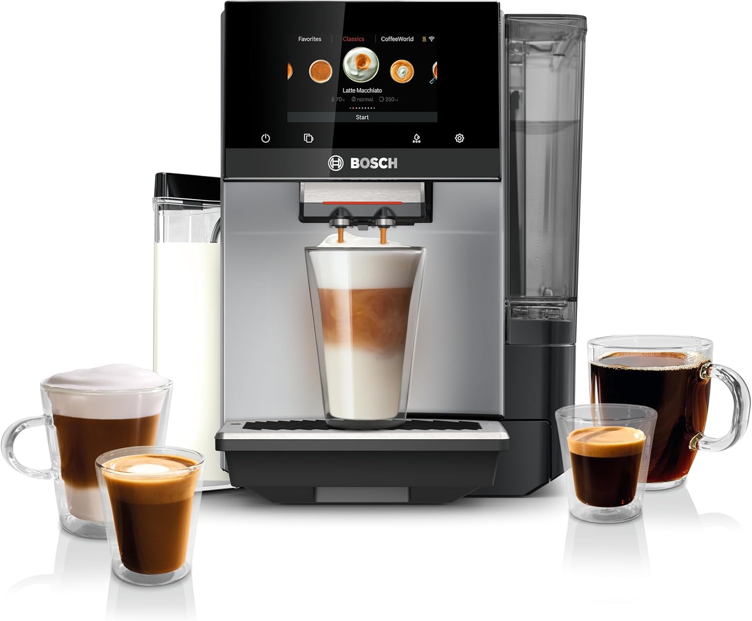 Bosch 800 Series Fully Automatic Espresso Machine – 36 Drinks with Coffee World, Cold Brew, Double Cup, Integrated Milk Container, Smart Features, in Silver TQU60307